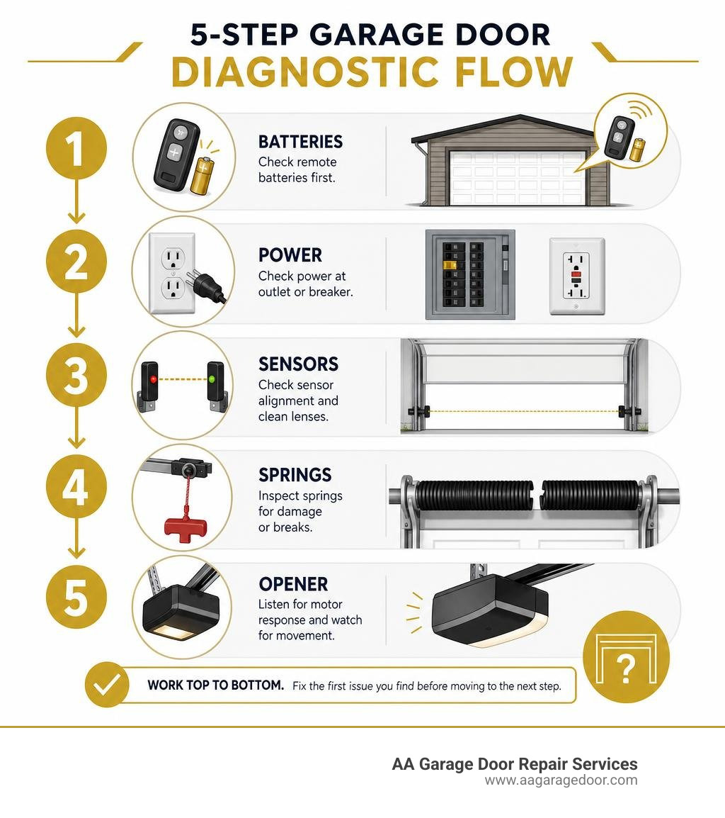 5-step garage door diagnostic flow: batteries, power, sensors, springs, opener infographic
