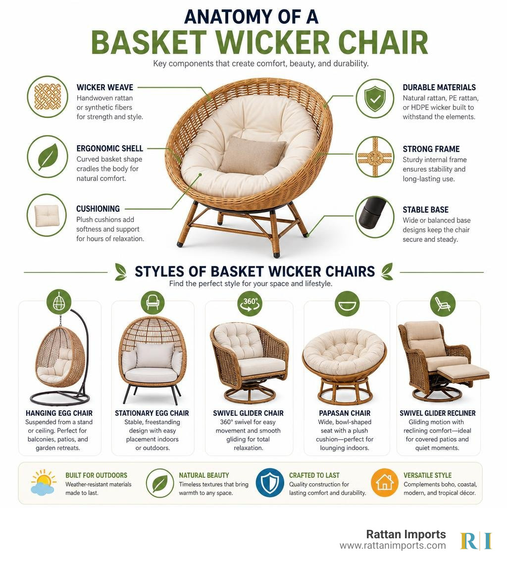 Anatomy and styles of a basket wicker chair — key components and design types explained infographic Anatomy and styles of a basket wicker chair — key components and design types explained infographic