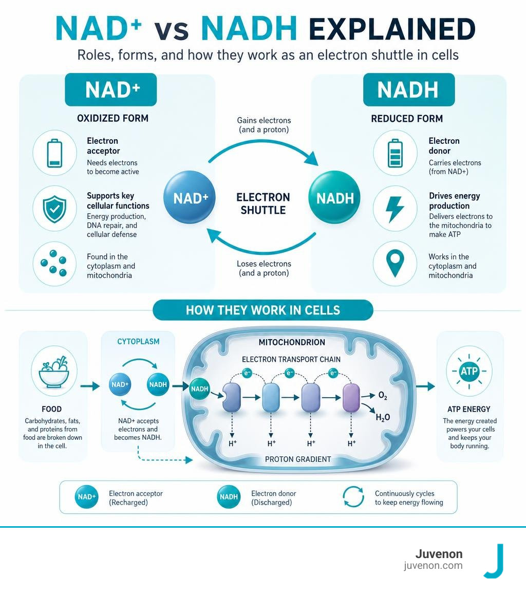 NAD+ vs NADH explained: roles, forms, and how they work as an electron shuttle in cells infographic NAD+ vs NADH explained: roles, forms, and how they work as an electron shuttle in cells infographic