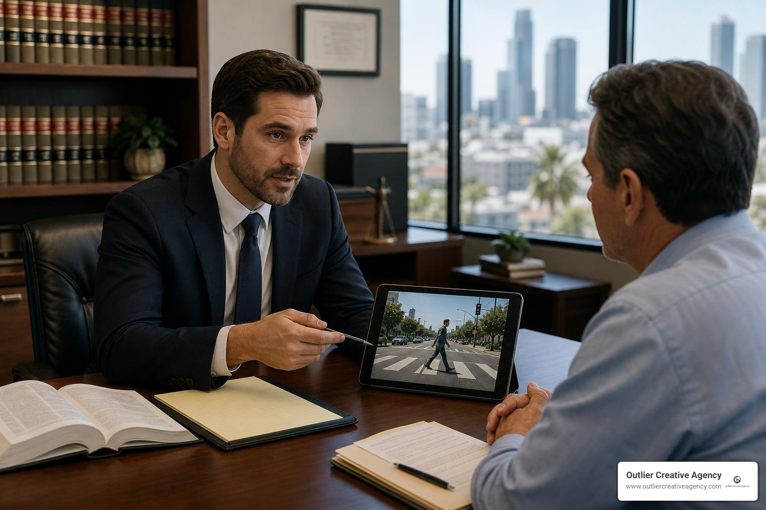 A legal consultation discussing California pedestrian laws and comparative fault