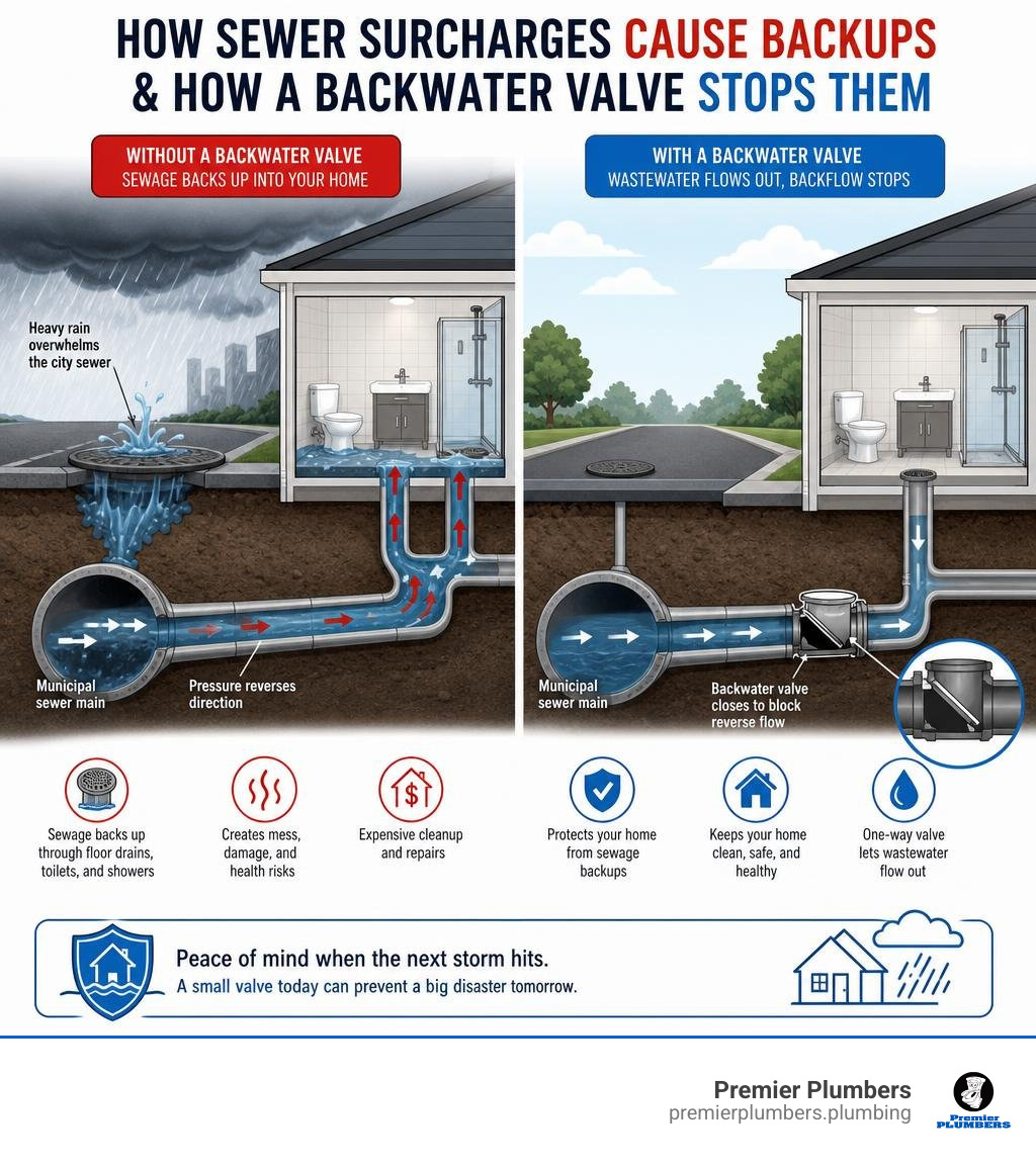 how sewer surcharges cause backups and how a backwater valve stops them infographic how sewer surcharges cause backups and how a backwater valve stops them infographic