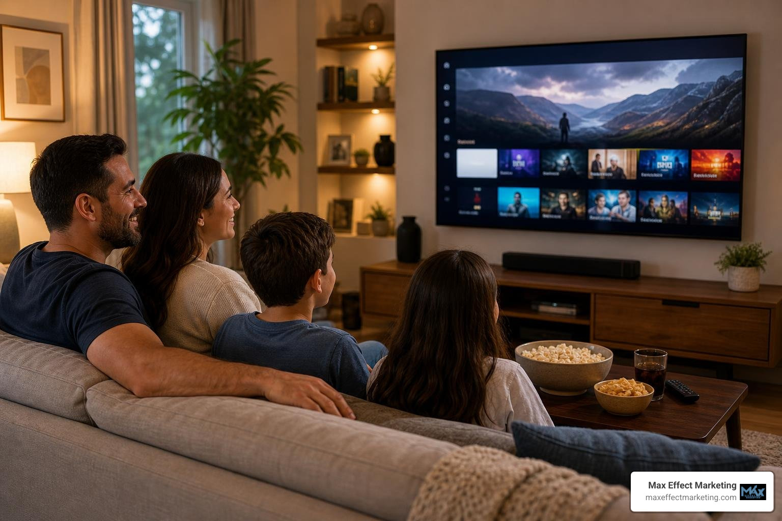 Family watching streaming TV on a modern couch Family watching streaming TV on a modern couch