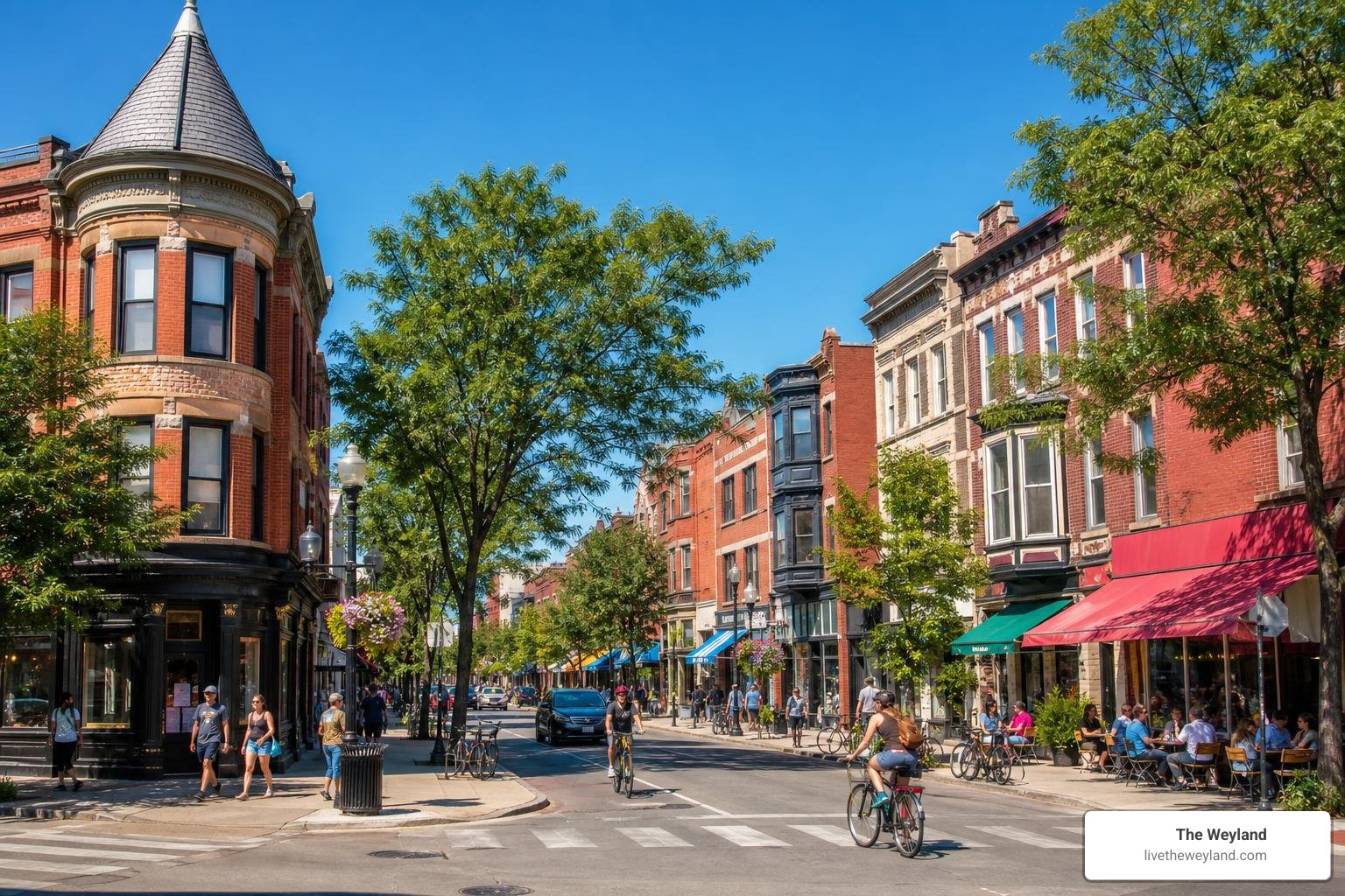 Wicker Park streetscape featuring historic buildings and vibrant local shops