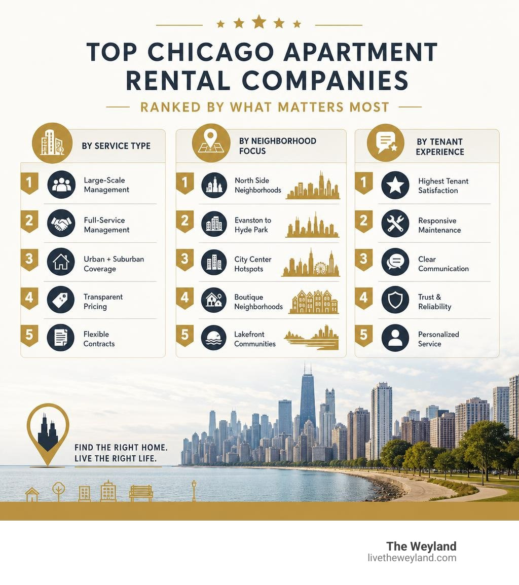 Infographic showing top Chicago apartment rental companies ranked by service type, neighborhood focus, and tenant experience