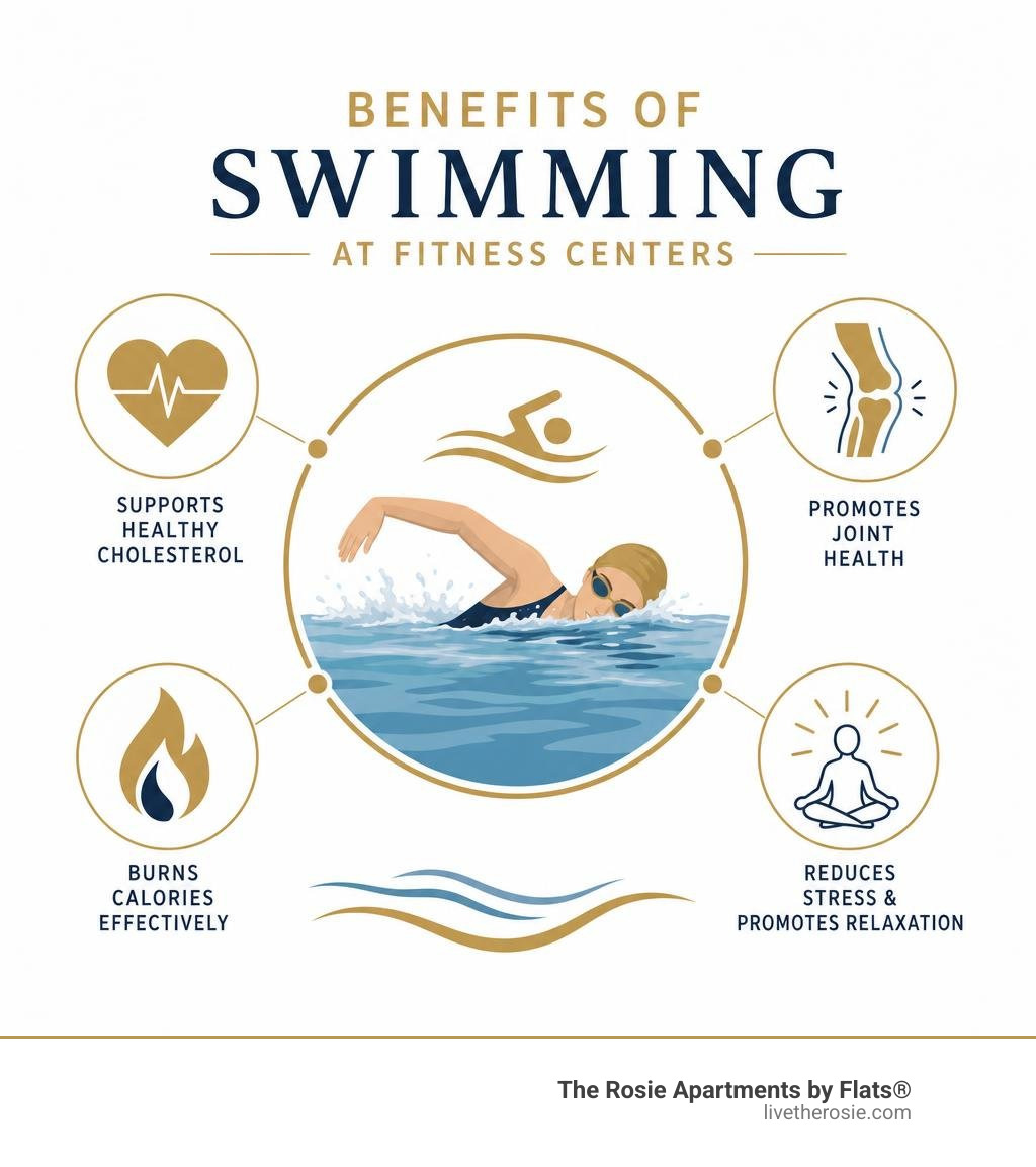 Benefits of swimming at fitness centers: cholesterol, joint health, calorie burn, stress relief infographic Benefits of swimming at fitness centers: cholesterol, joint health, calorie burn, stress relief infographic