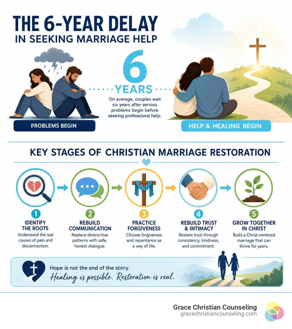 Infographic showing the 6-year delay in seeking marriage help and key stages of Christian marriage restoration infographic