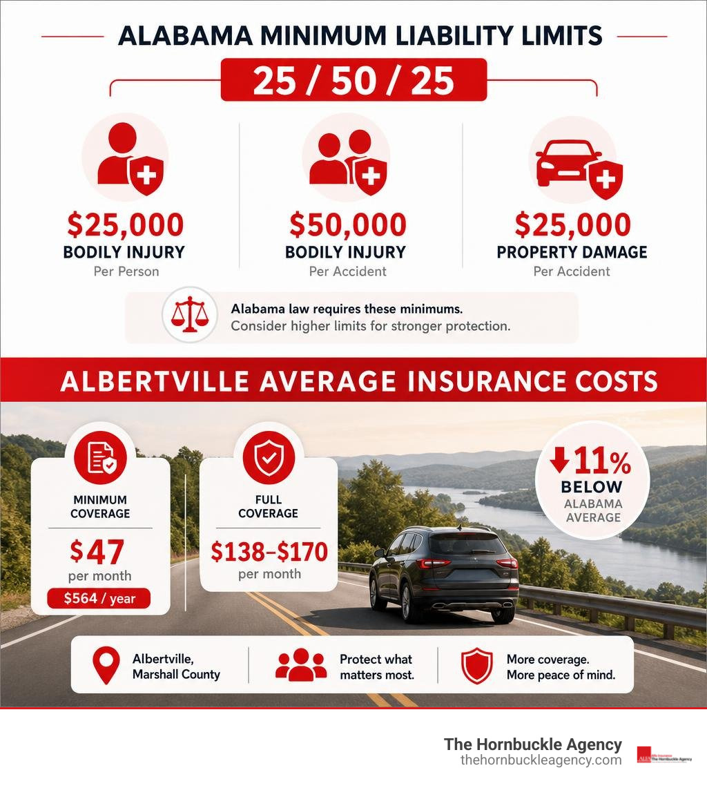Infographic showing Alabama 25/50/25 minimum liability limits and Albertville average insurance costs infographic Infographic showing Alabama 25/50/25 minimum liability limits and Albertville average insurance costs infographic