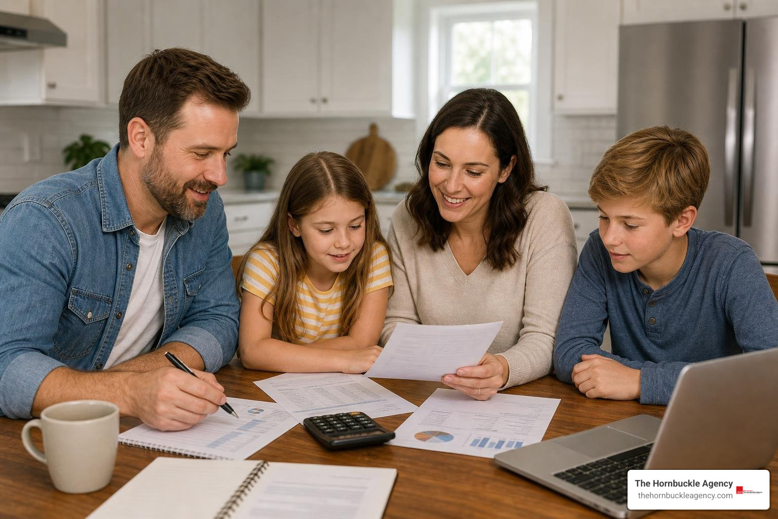 A family sitting around a kitchen table happily reviewing their household budget A family sitting around a kitchen table happily reviewing their household budget