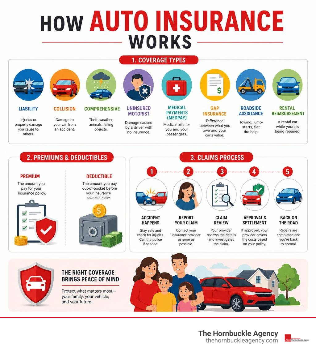 How auto insurance works: coverage types, premiums, deductibles, and claims process infographic How auto insurance works: coverage types, premiums, deductibles, and claims process infographic