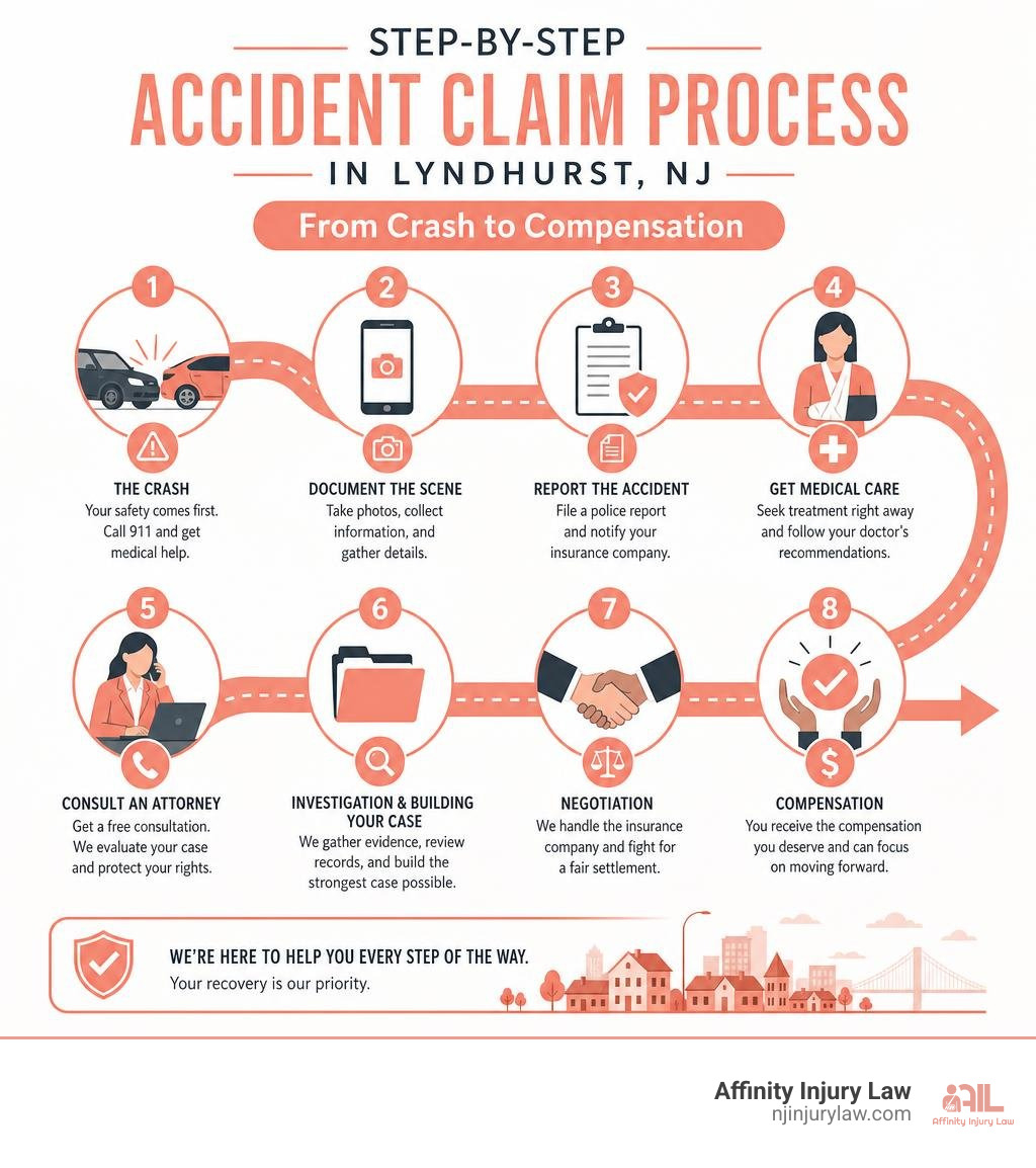 Step-by-step accident claim process in Lyndhurst NJ from crash to compensation infographic