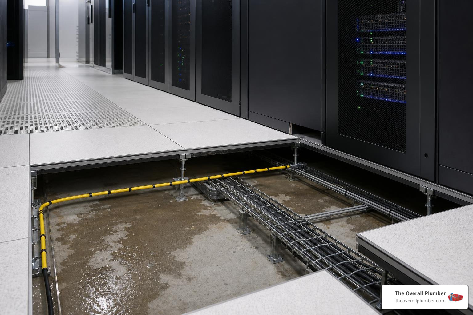 Industrial water leak detection cable installed under raised server floor Industrial water leak detection cable installed under raised server floor
