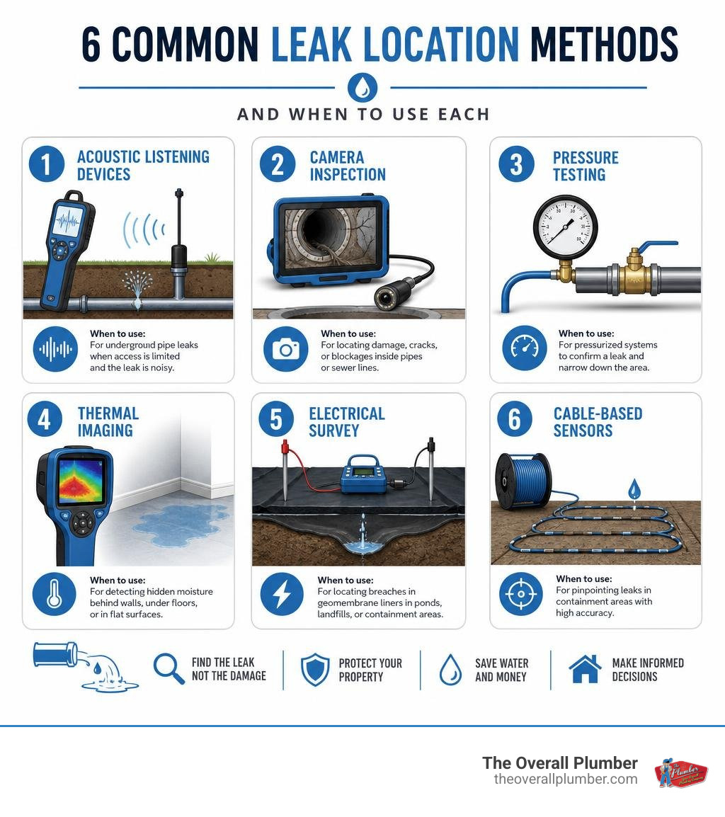 Infographic showing 6 common leak location methods and when to use each infographic Infographic showing 6 common leak location methods and when to use each infographic