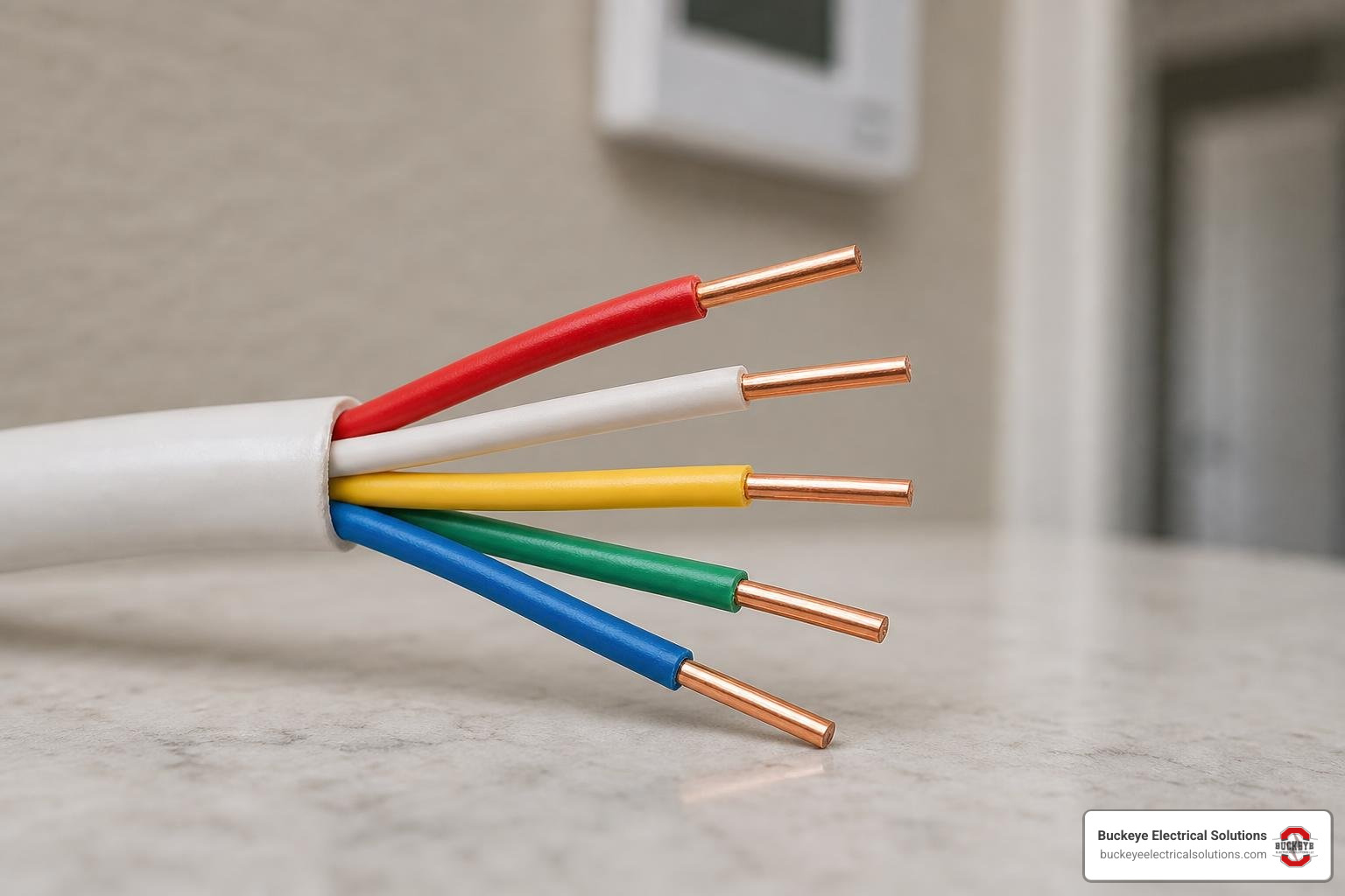 Close-up of a multi-conductor thermostat cable showing solid copper 18 AWG wire cores