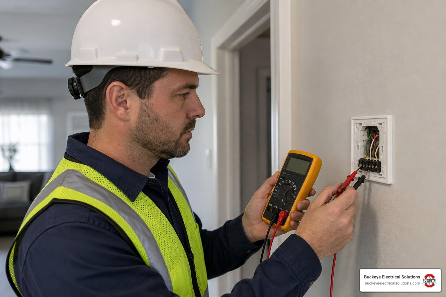An Ohio electrician using a digital multimeter to verify 24VAC power at a thermostat wall plate