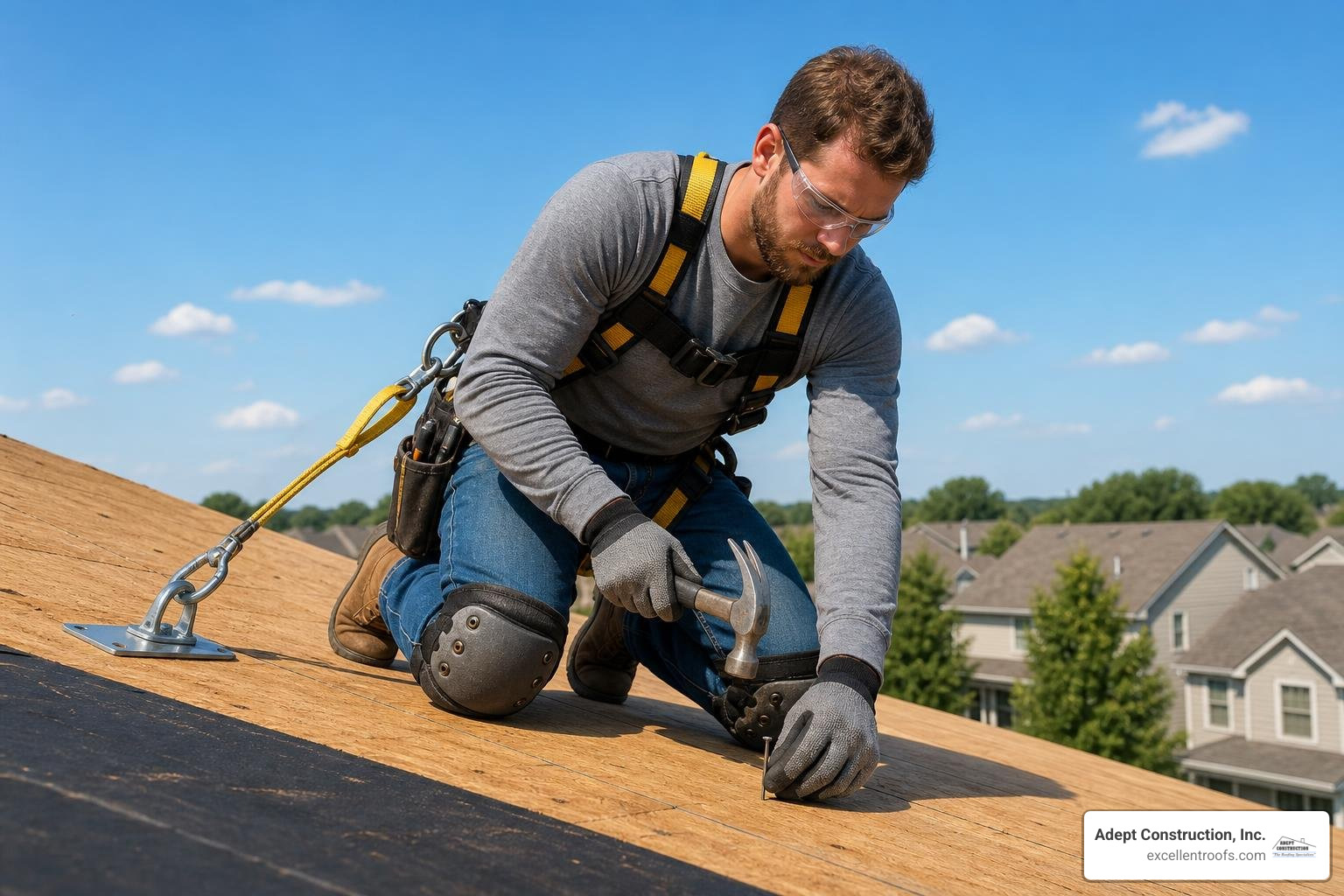 DIY roofer wearing a safety harness and fall protection kit while working on a roof deck DIY roofer wearing a safety harness and fall protection kit while working on a roof deck