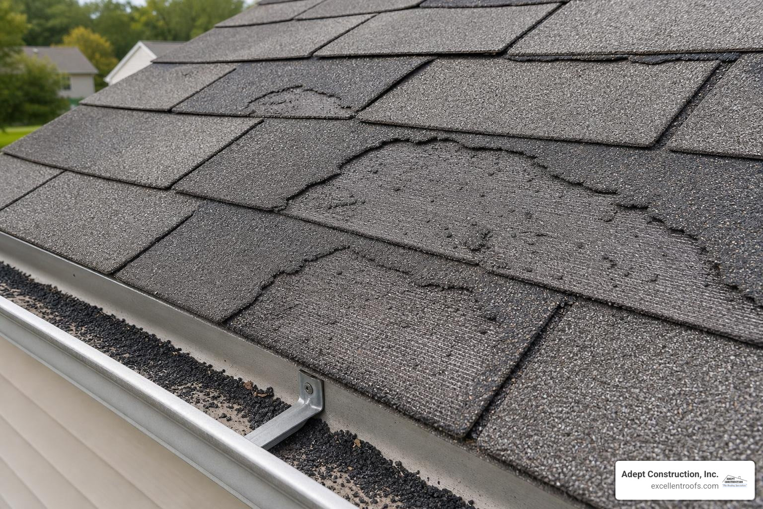 Damaged asphalt shingles showing heavy granulation loss and exposed fiberglass backing Damaged asphalt shingles showing heavy granulation loss and exposed fiberglass backing