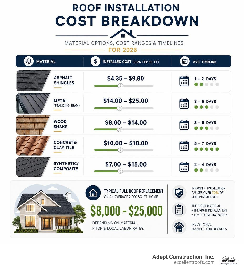 Roof installation cost breakdown infographic showing material options, cost ranges, and timelines for 2026 infographic Roof installation cost breakdown infographic showing material options, cost ranges, and timelines for 2026 infographic