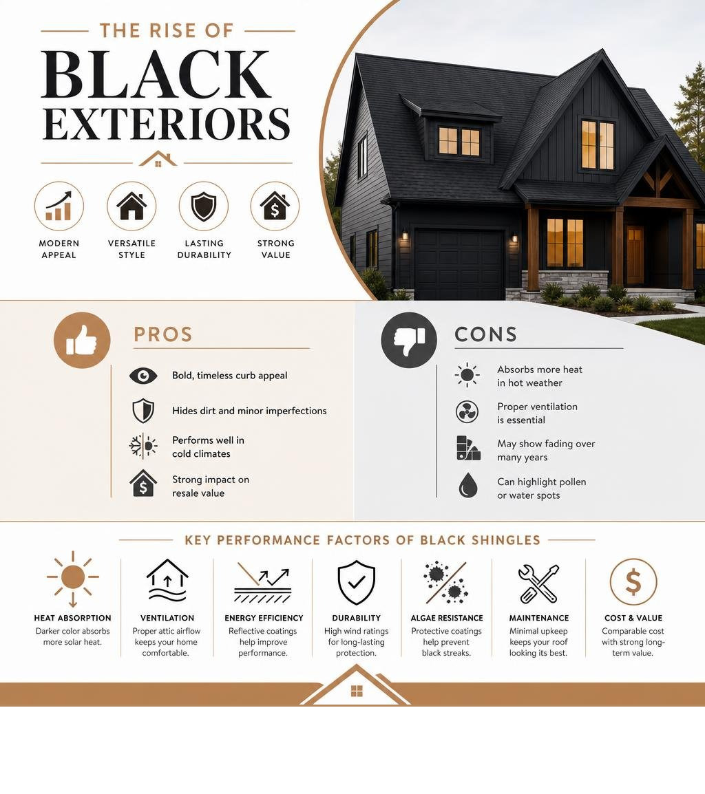Infographic showing rise of black exterior home trends, pros and cons, and key performance factors of black shingles Infographic showing rise of black exterior home trends, pros and cons, and key performance factors of black shingles