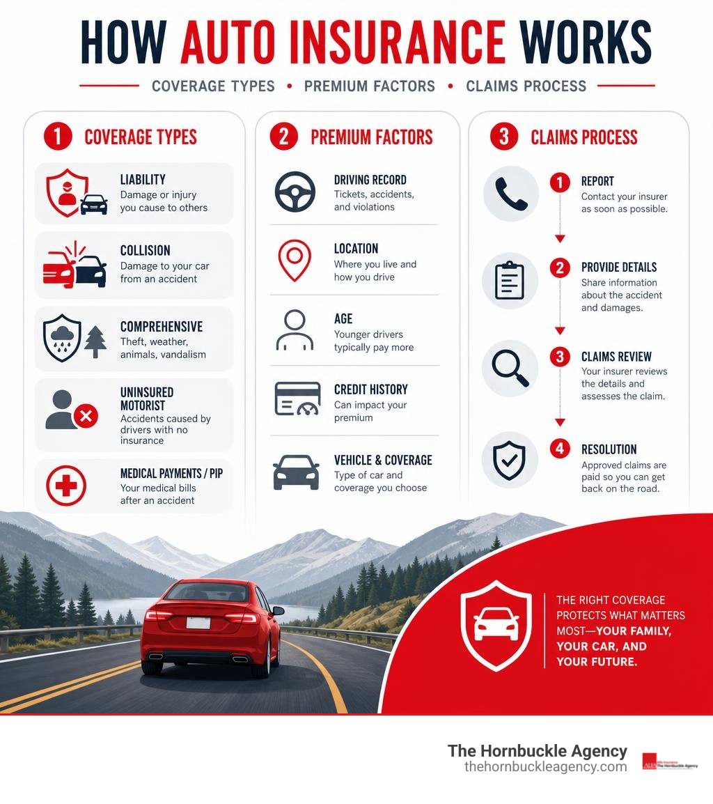 How auto insurance works: coverage types, premium factors, and claims process overview infographic How auto insurance works: coverage types, premium factors, and claims process overview infographic