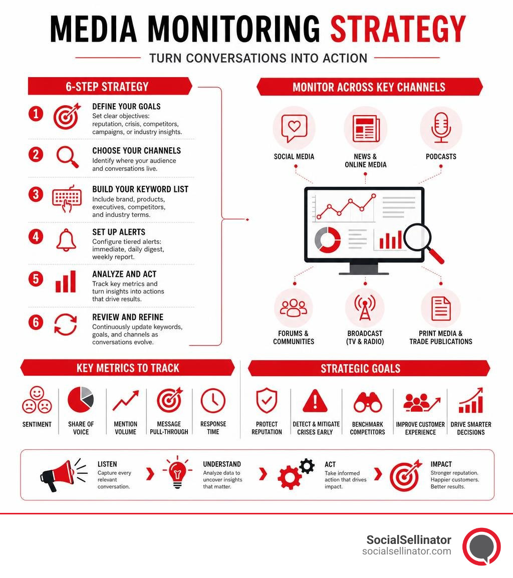 Media monitoring strategy infographic: steps, channels, key metrics, and goals overview infographic