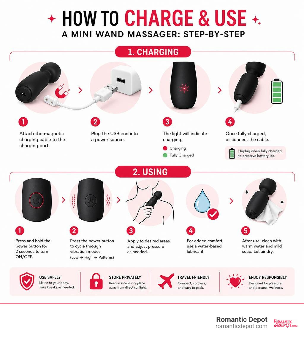 How to charge and use a mini wand massager: step-by-step infographic infographic
