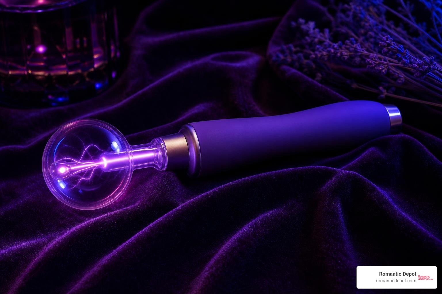 modern violet wand with glowing glass electrodes on a velvet surface