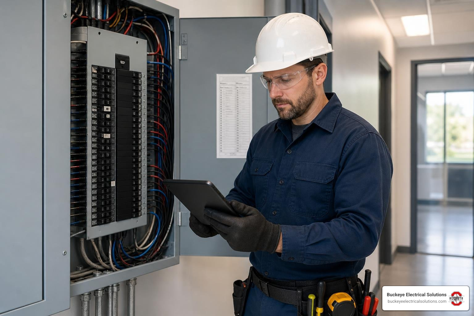 Ohio electrician verifying credentials and maintenance records on tablet