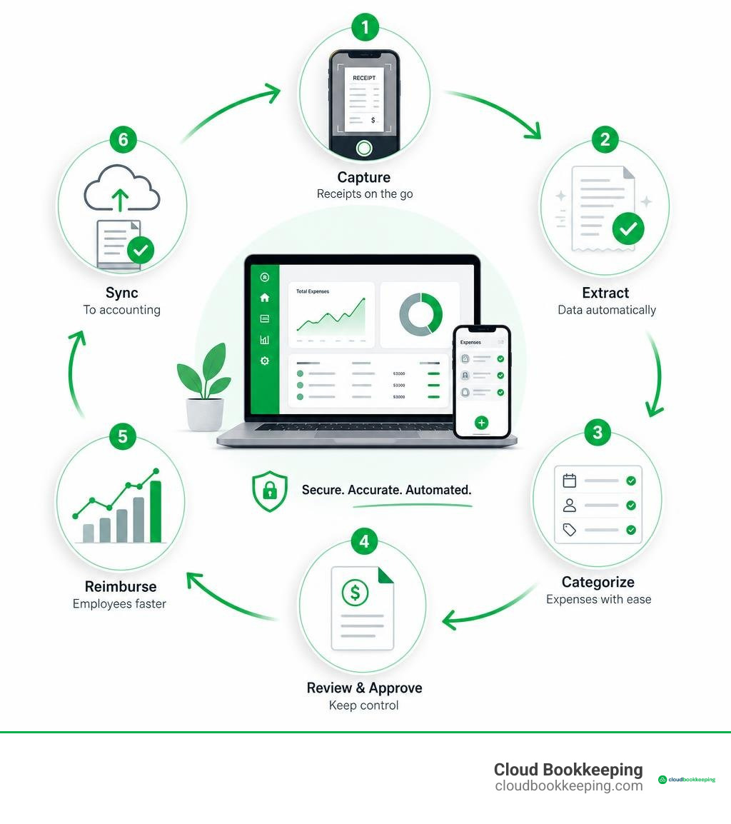 Automated expense reporting lifecycle from receipt capture to accounting sync infographic