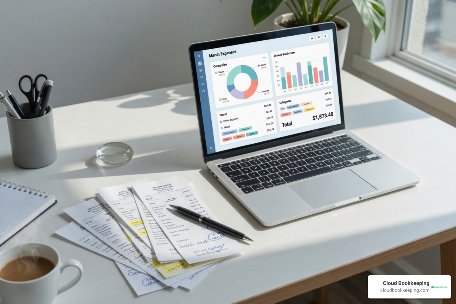 A cluttered desk with paper receipts vs a clean digital dashboard