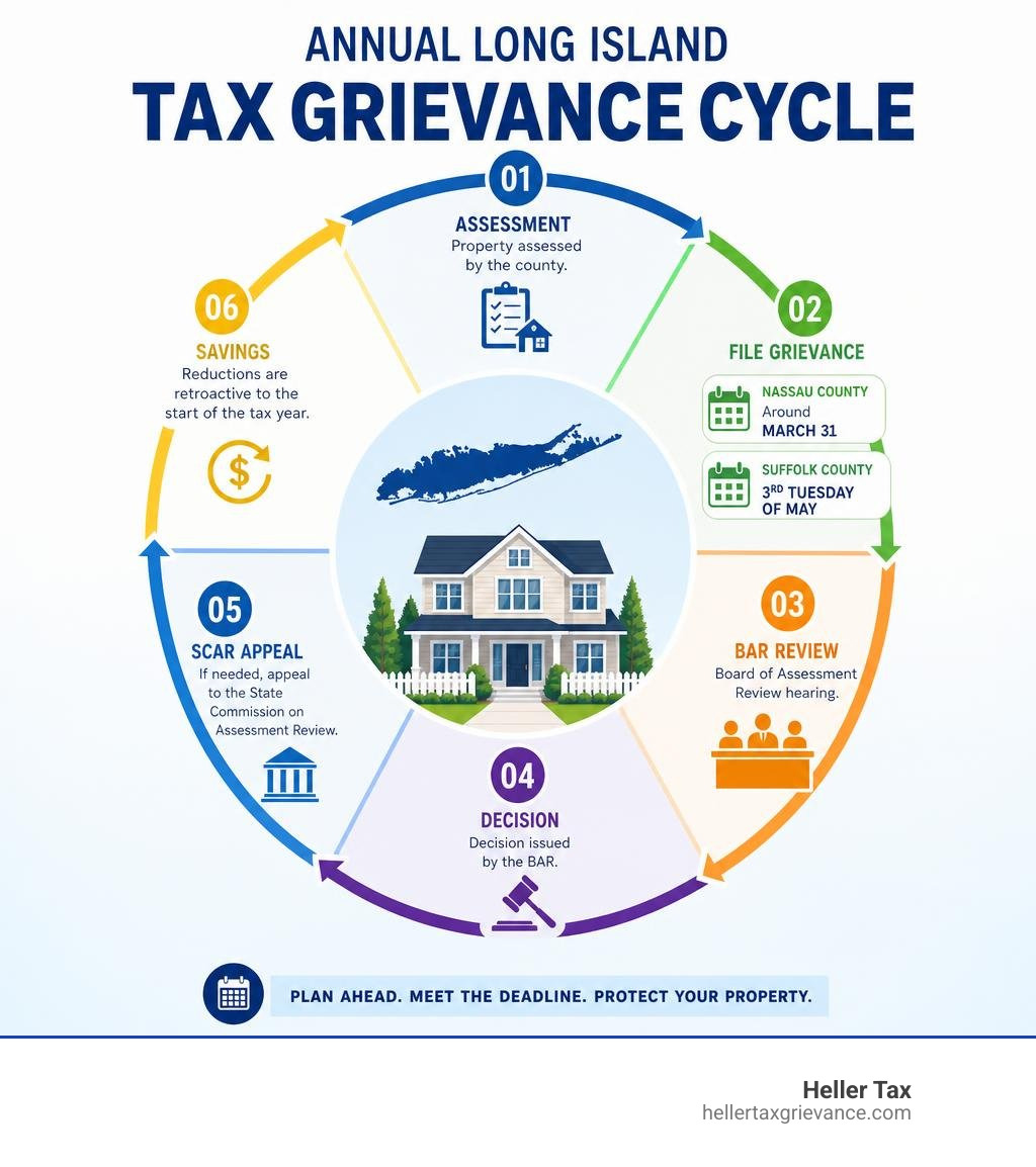 Annual Long Island tax grievance cycle infographic showing Nassau County around March 31 and Suffolk County 3rd Tuesday of Annual Long Island tax grievance cycle infographic showing Nassau County around March 31 and Suffolk County 3rd Tuesday of