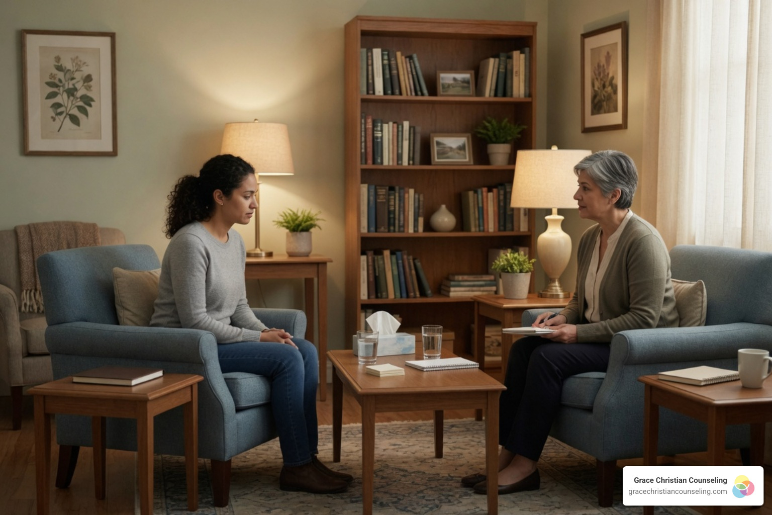Counselor meeting with a client in a warm, professional office setting Counselor meeting with a client in a warm, professional office setting