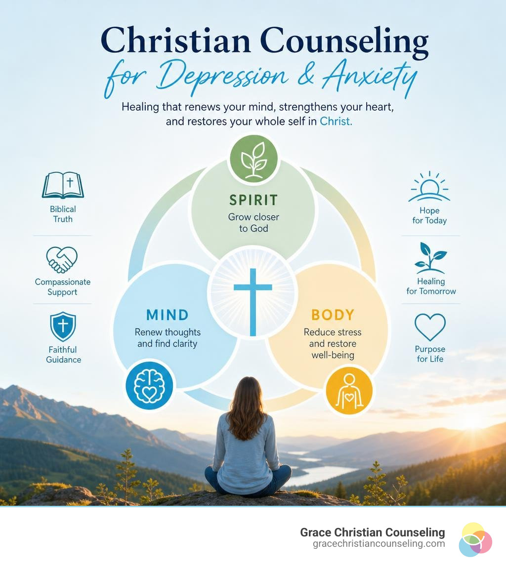 Mind-body-spirit connection in Christian mental health counseling infographic - christian counseling for depression and