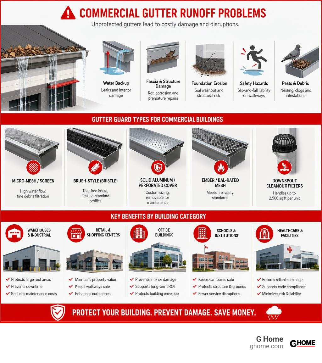 infographic showing commercial gutter runoff problems, guard types, and key benefits by building category infographic