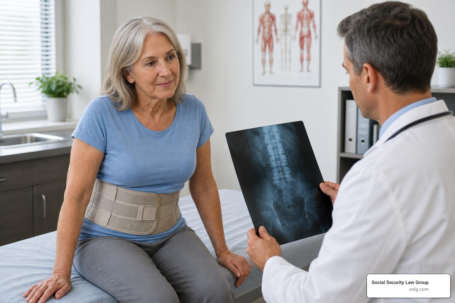 Medical consultation for back pain with an active 60 year old female patient wearing a lumbar back support brace Medical consultation for back pain with an active 60 year old female patient wearing a lumbar back support brace