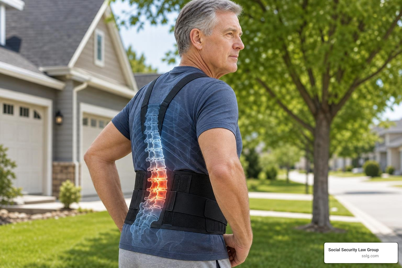 Grade 1 vertebral displacement showing backward slippage of the spine in an active 60 year old male wearing a back brace Grade 1 vertebral displacement showing backward slippage of the spine in an active 60 year old male wearing a back brace