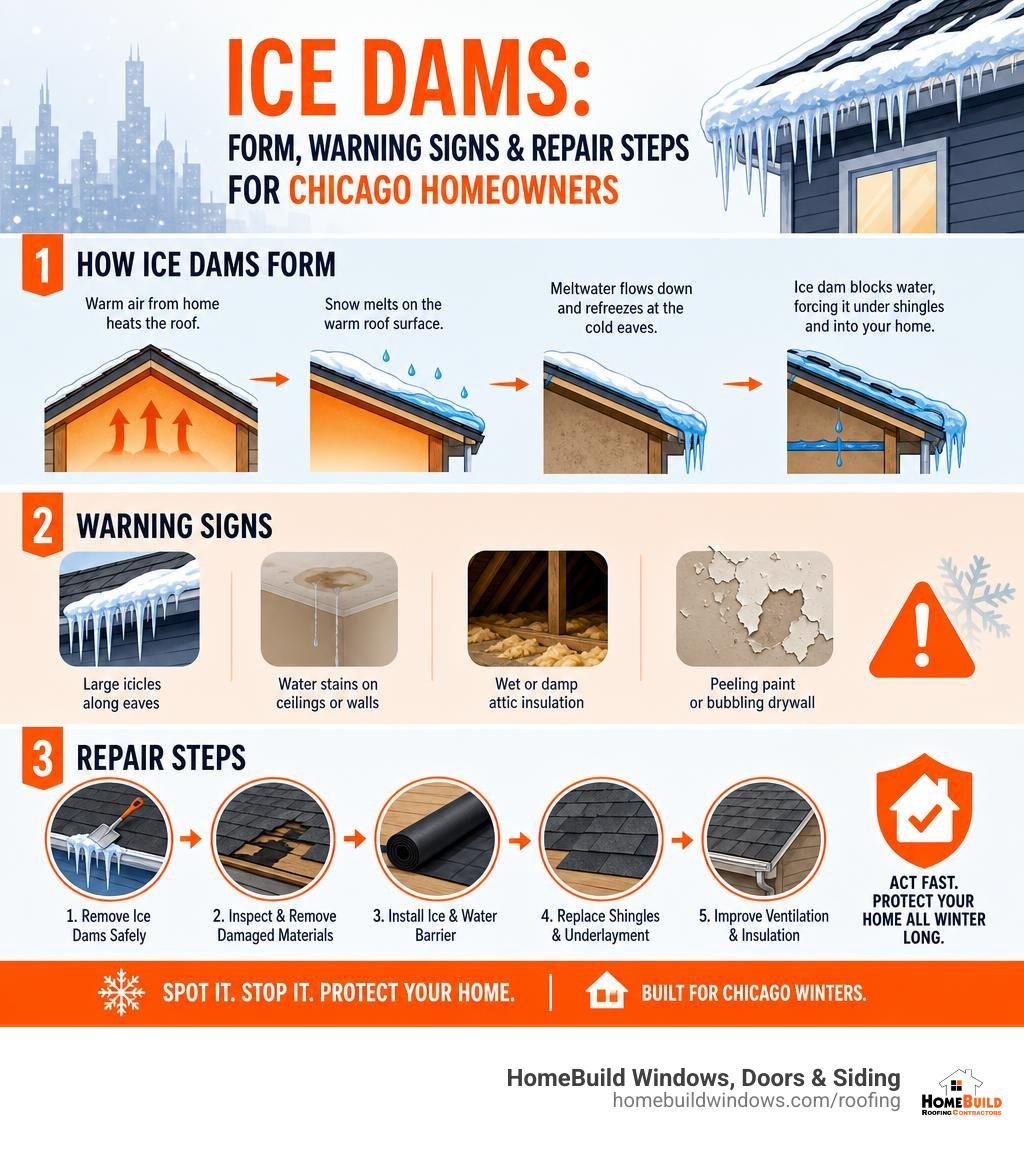 Infographic showing how ice dams form, warning signs, and repair steps for Chicago homeowners infographic
