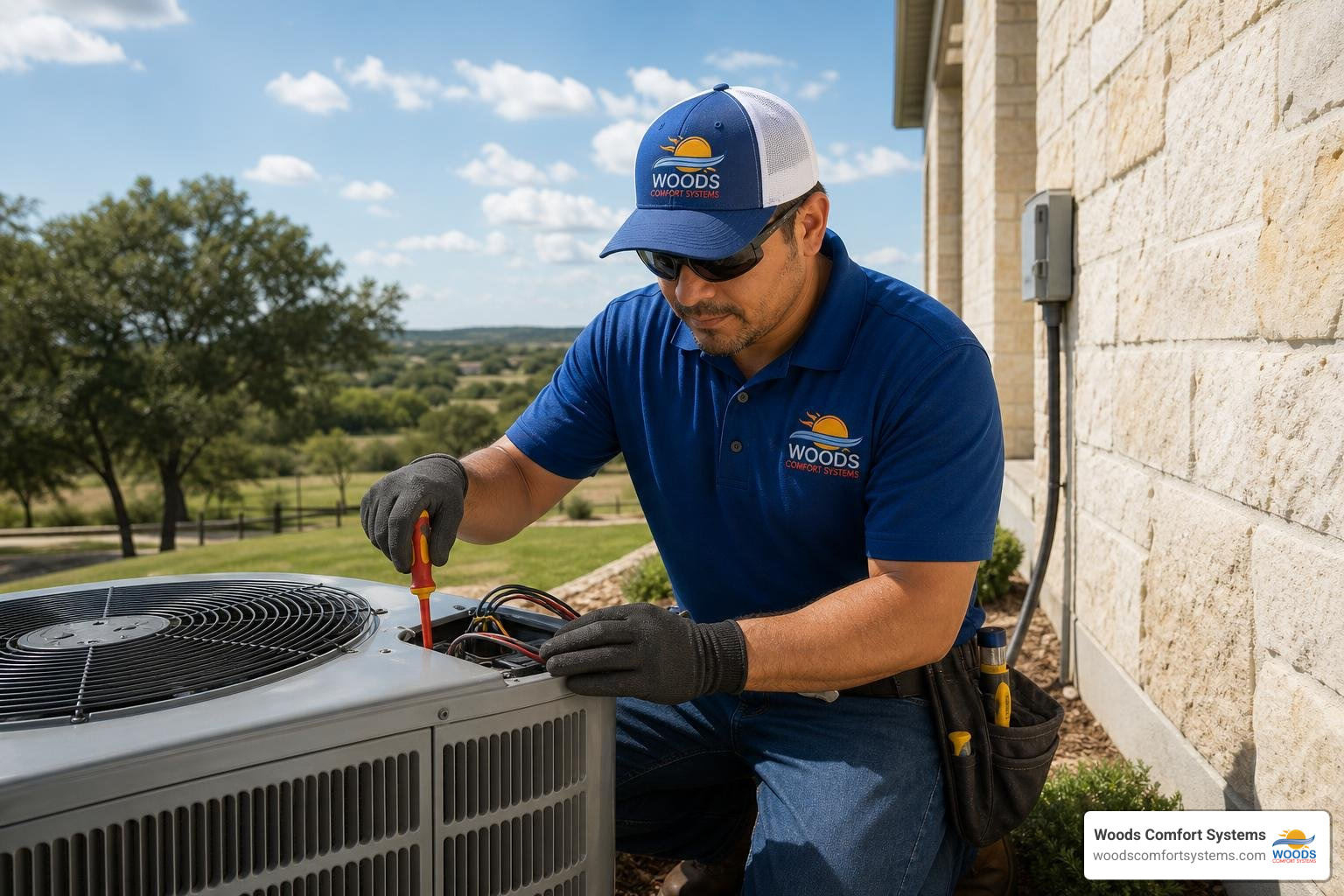 Woods Comfort Systems HVAC technician servicing an outdoor AC unit