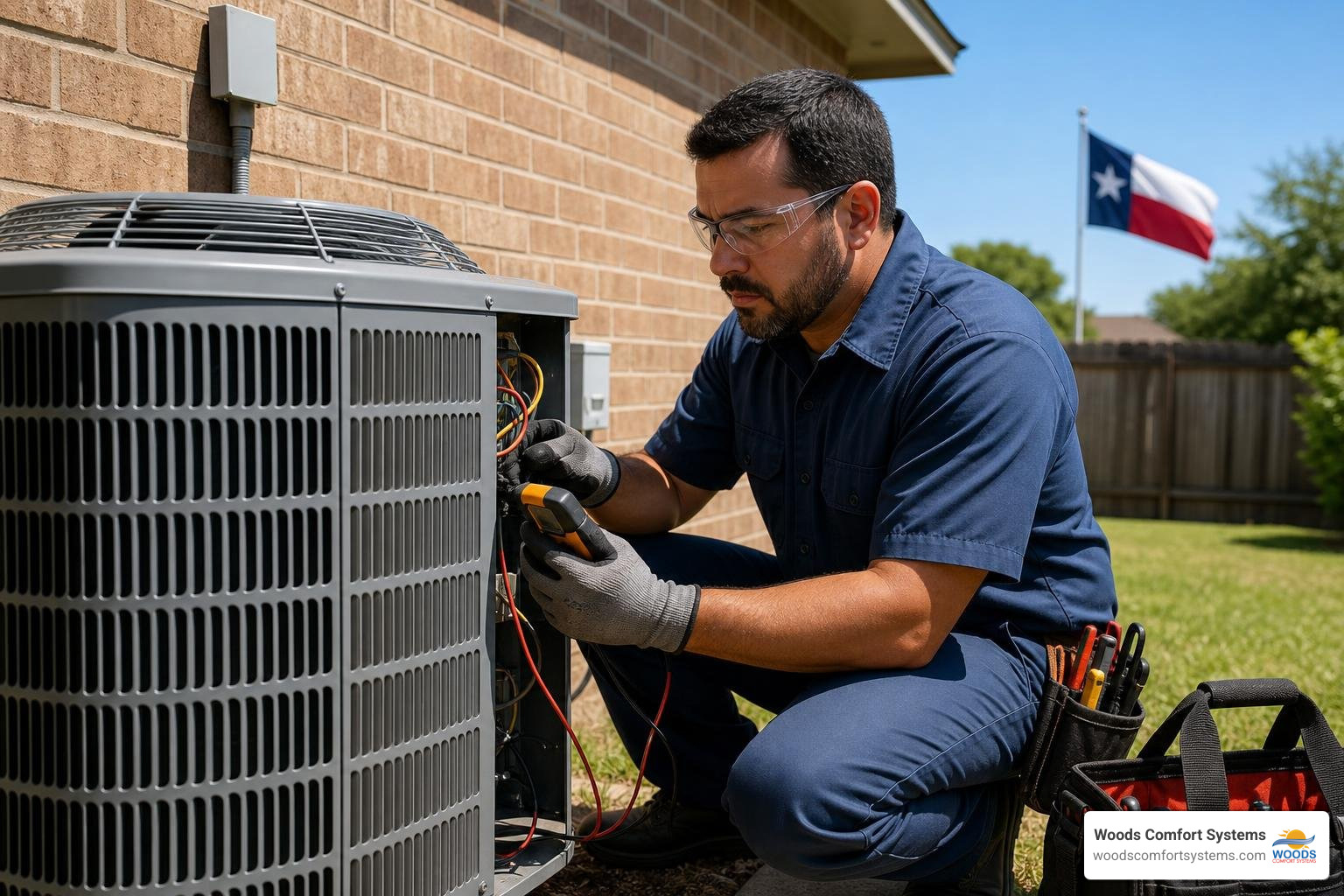HVAC technician inspecting an outdoor AC condenser unit