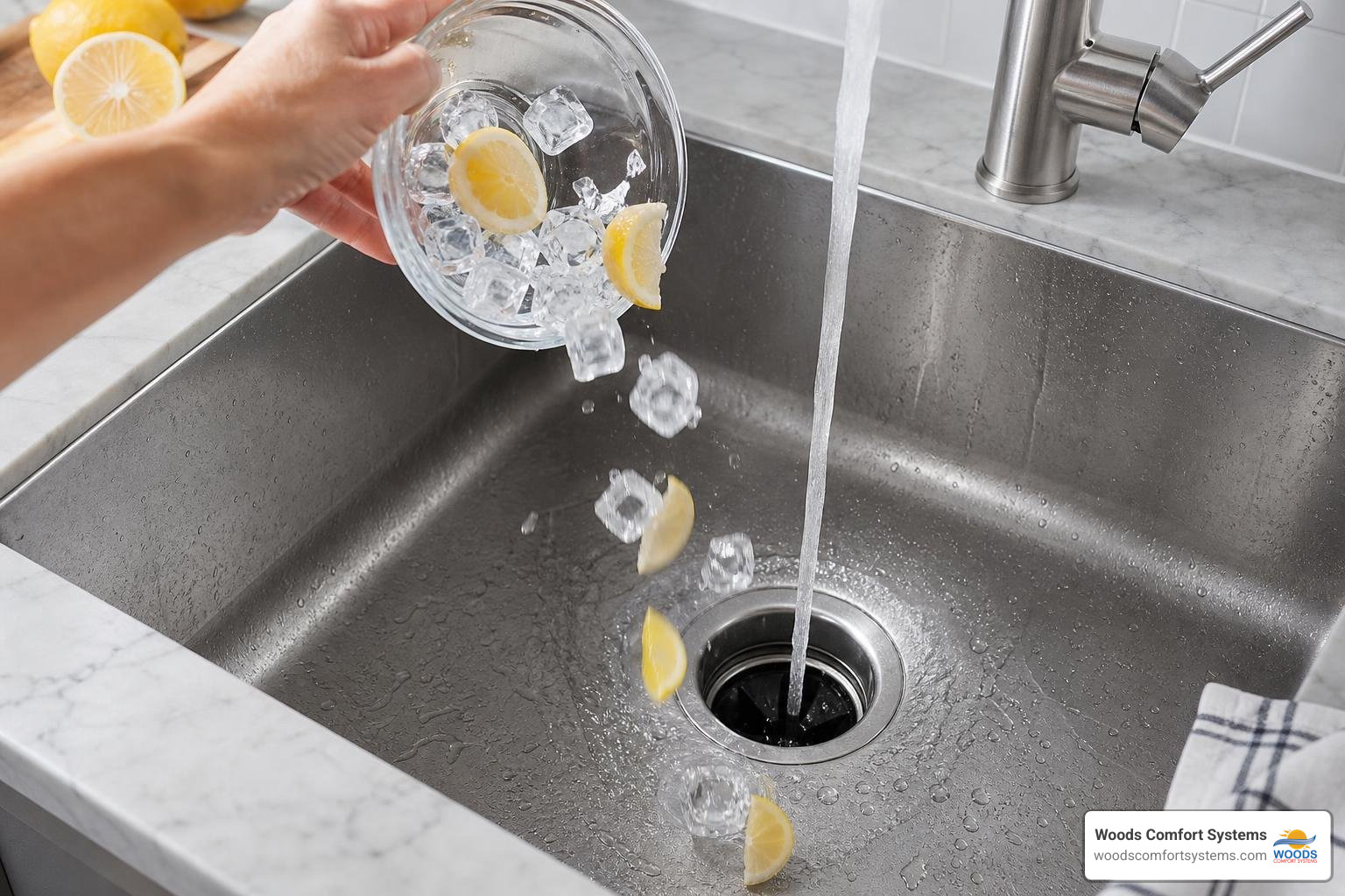 cleaning a garbage disposal with ice and citrus slices