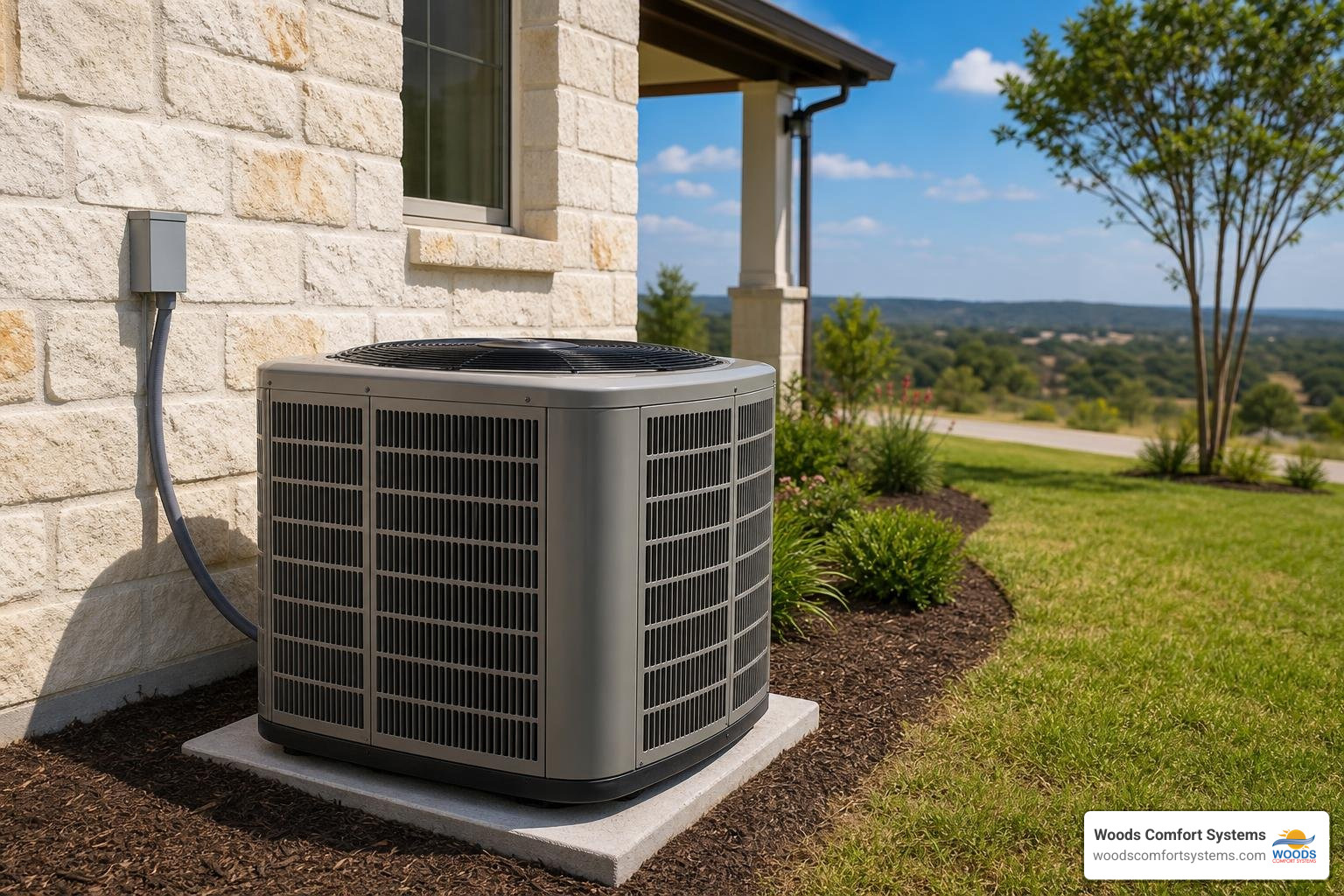 Residential outdoor AC condenser unit in summer heat