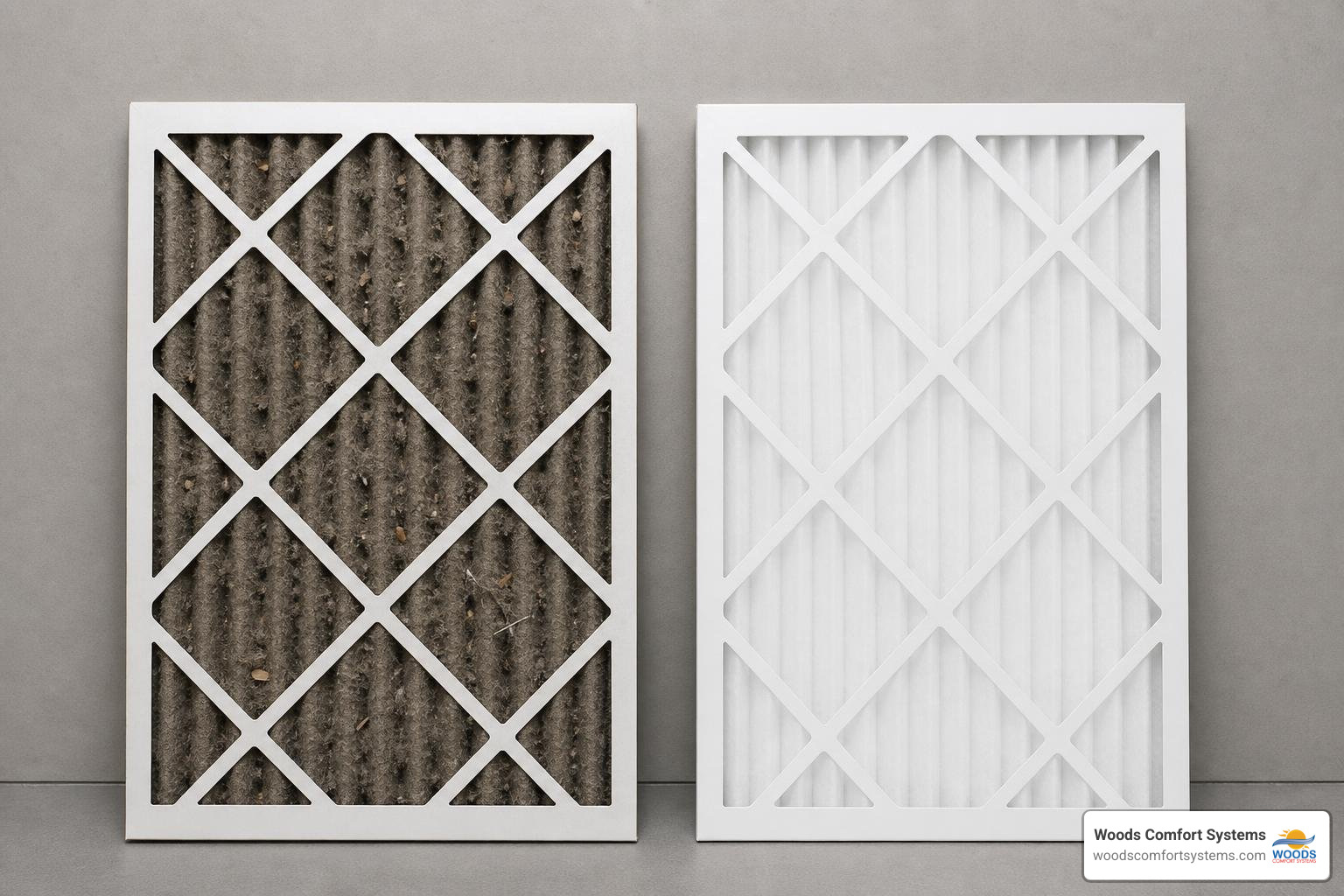 Dirty HVAC air filter next to a clean replacement filter