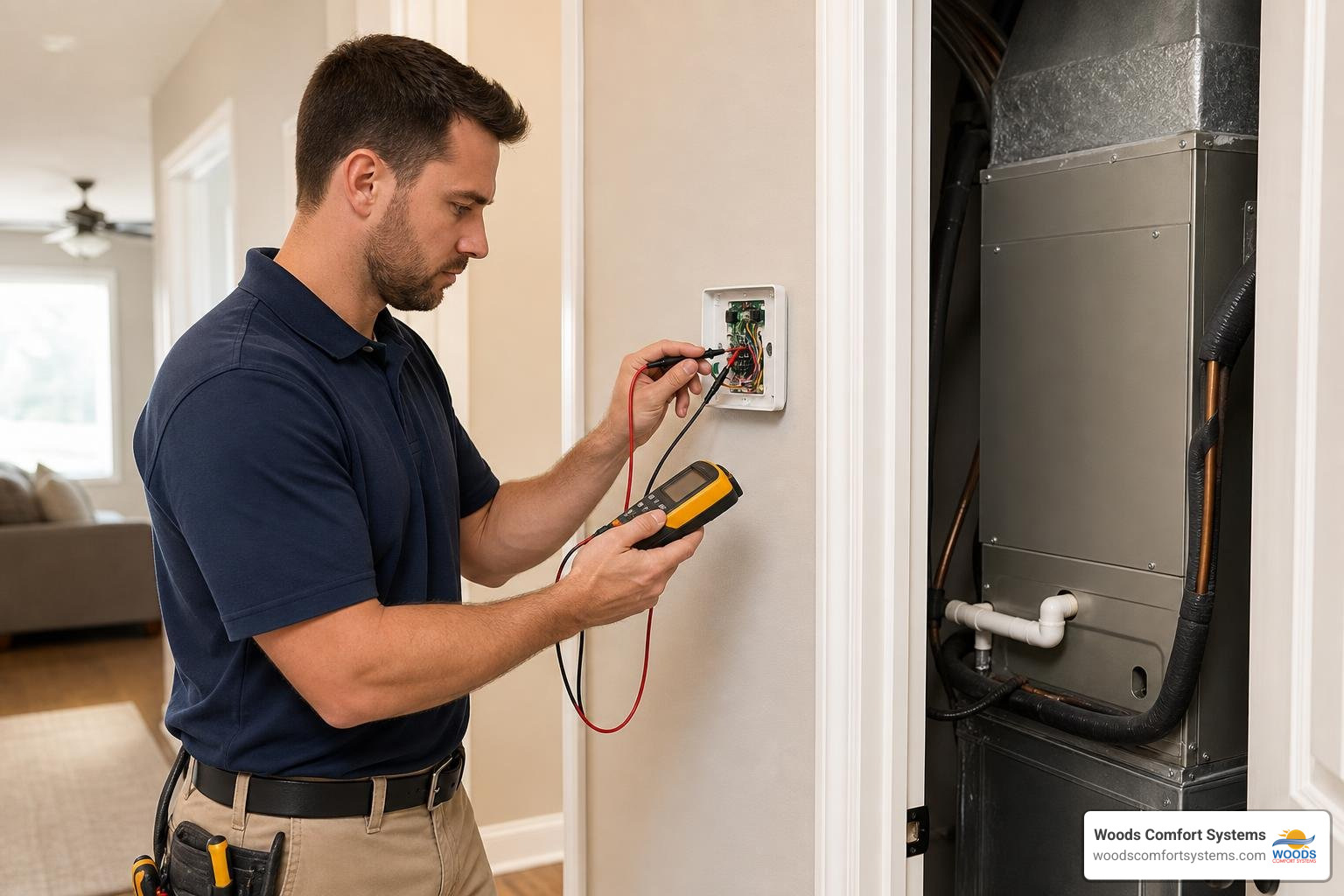 Professional HVAC technician troubleshooting an AC thermostat and indoor air handler