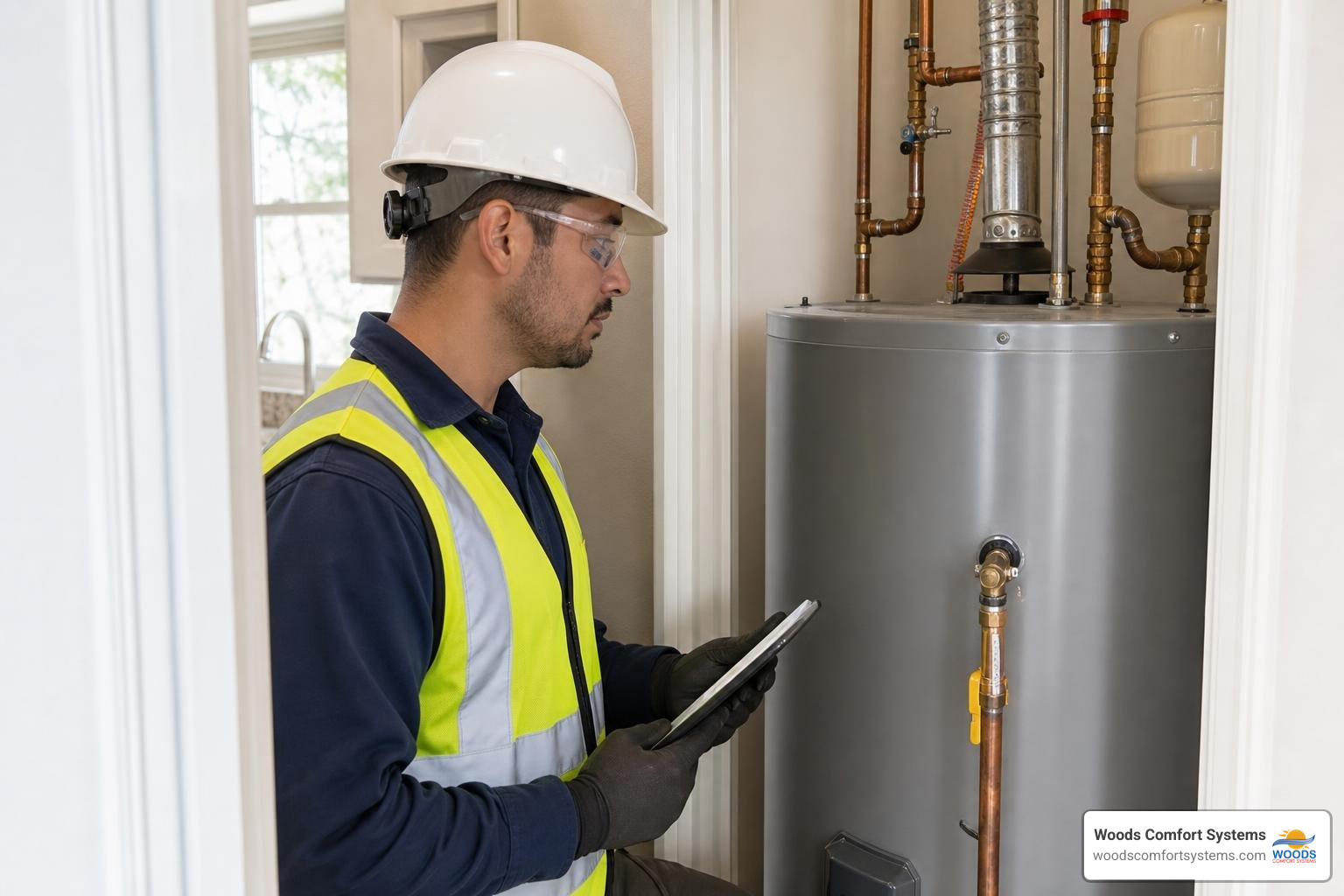 Professional plumber inspecting a residential water heater for replacement Professional plumber inspecting a residential water heater for replacement