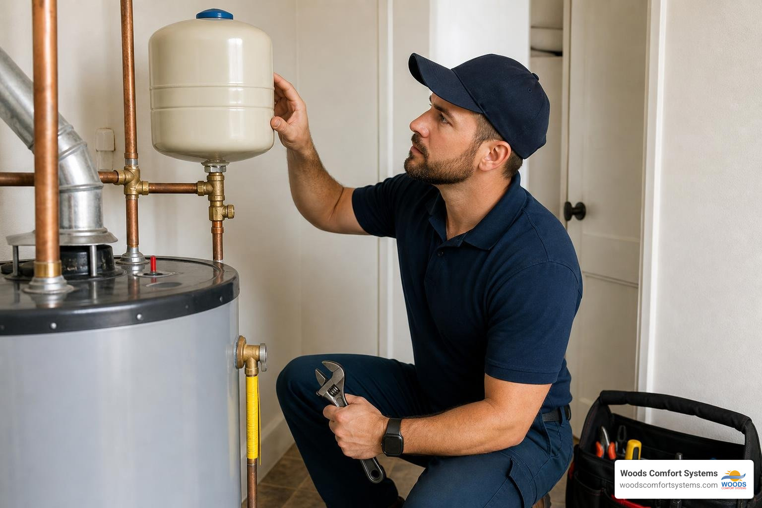 Plumber inspecting a water heater expansion tank during code-compliant replacement Plumber inspecting a water heater expansion tank during code-compliant replacement