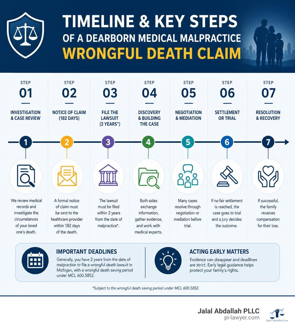 Timeline and key steps of a Dearborn medical malpractice wrongful death claim infographic Timeline and key steps of a Dearborn medical malpractice wrongful death claim infographic