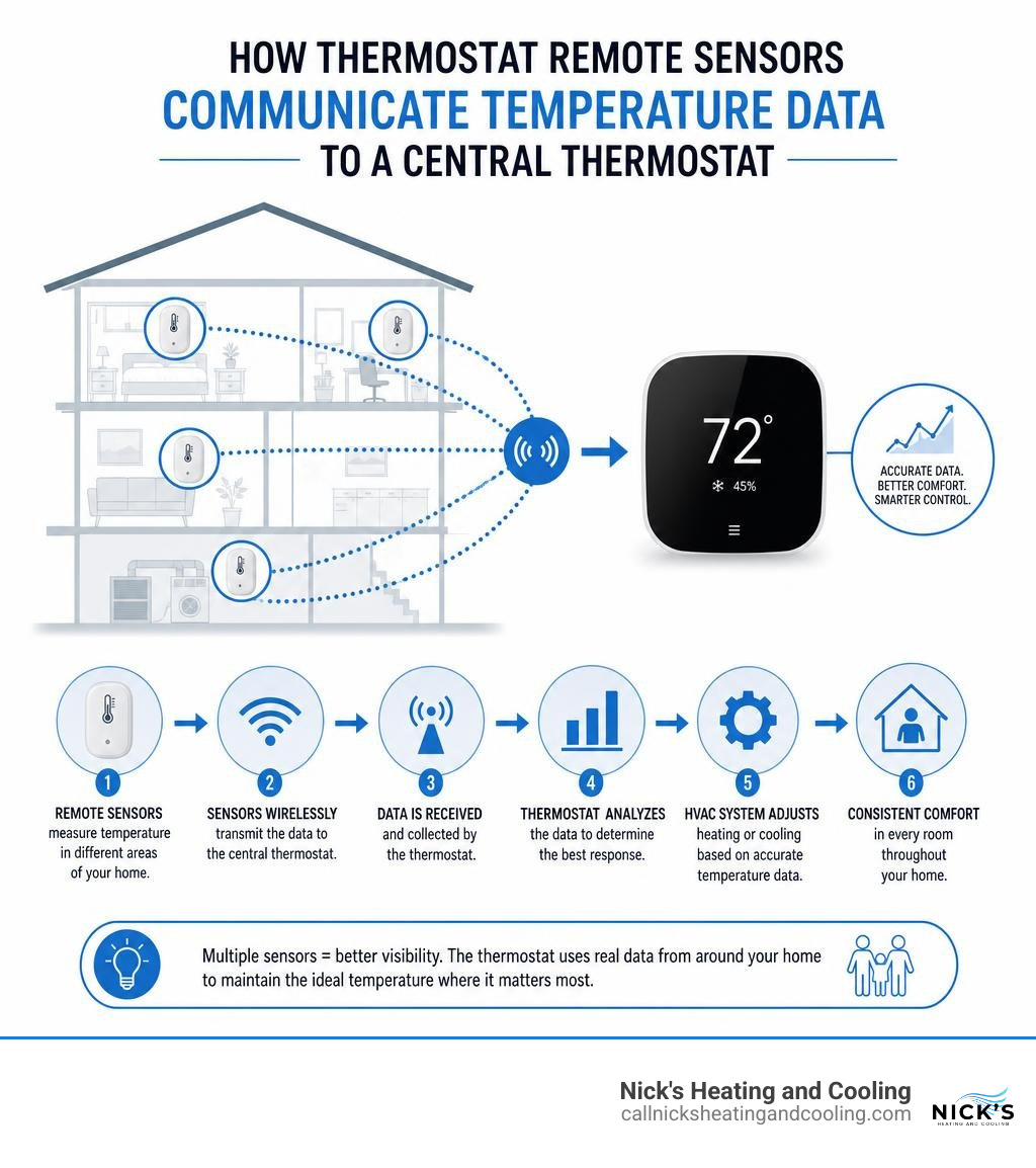 How thermostat remote sensors communicate temperature data to a central thermostat infographic How thermostat remote sensors communicate temperature data to a central thermostat infographic