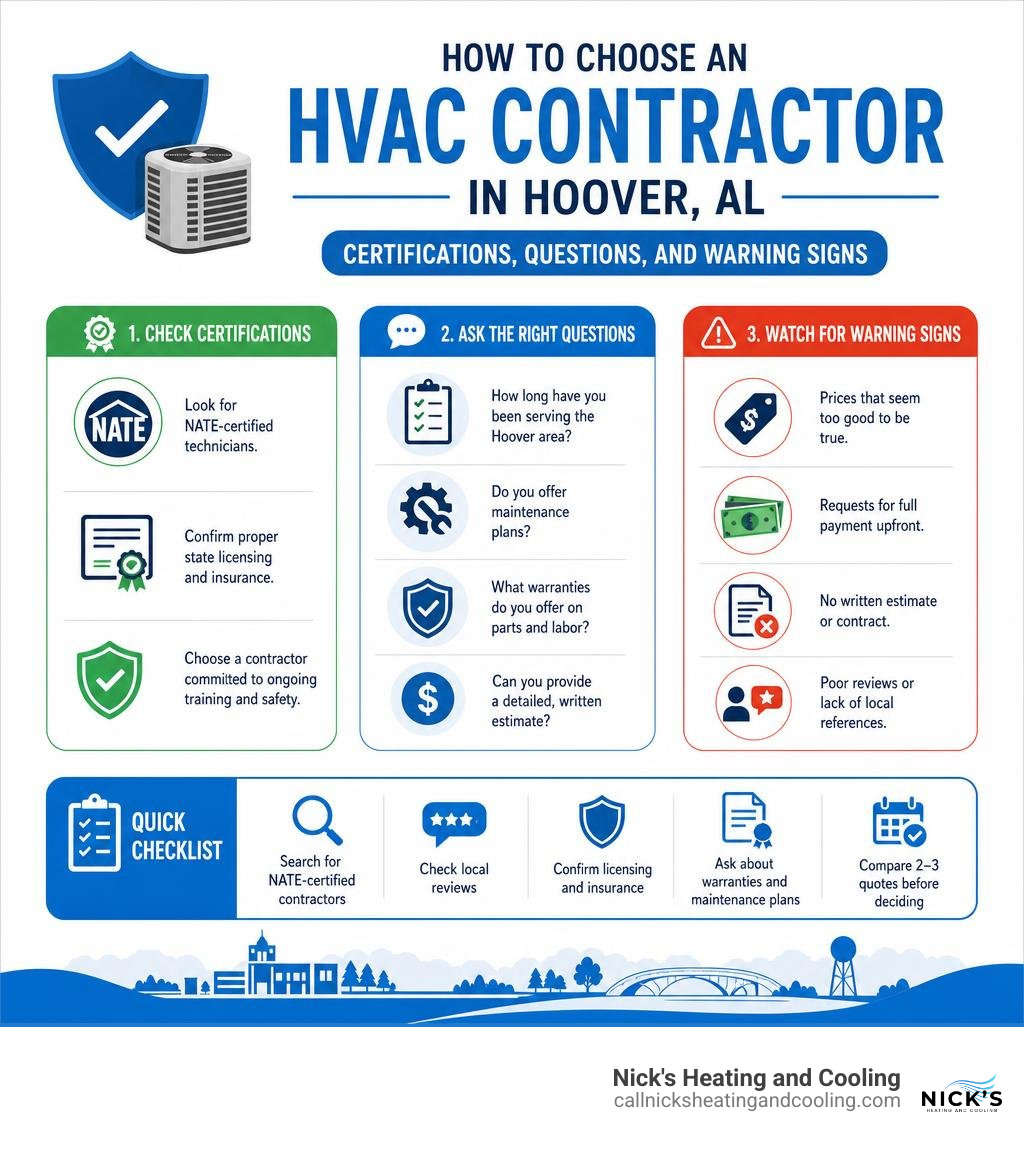 How to choose an HVAC contractor in Hoover AL - certifications, questions, and warning signs infographic How to choose an HVAC contractor in Hoover AL - certifications, questions, and warning signs infographic
