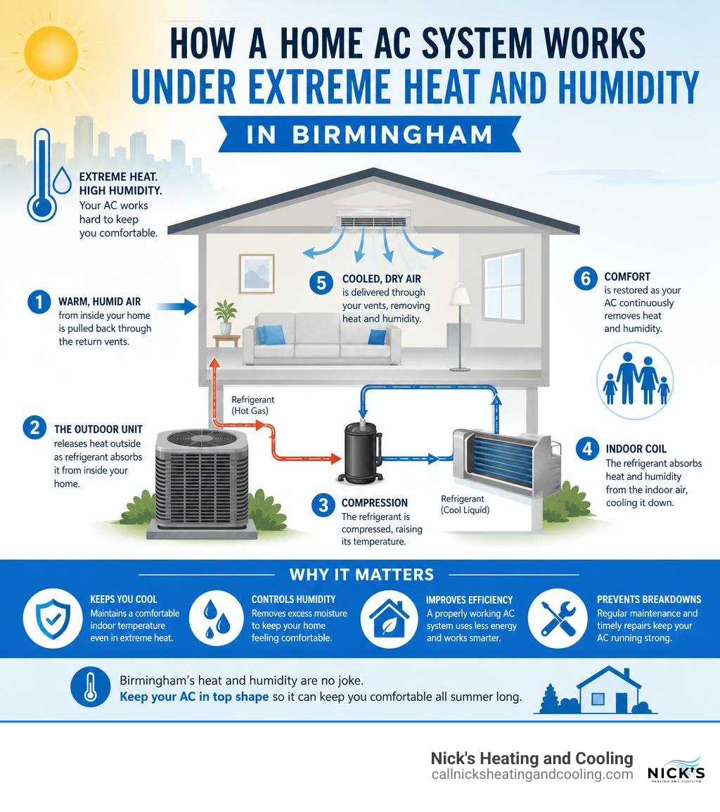 How a home AC system works under extreme heat and humidity in Birmingham infographic How a home AC system works under extreme heat and humidity in Birmingham infographic