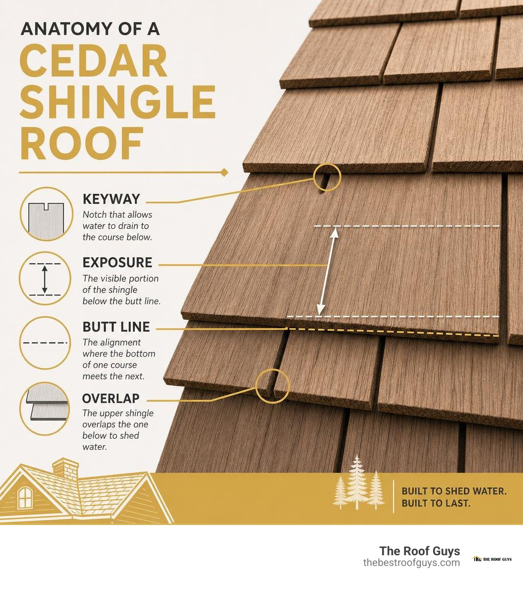 Anatomy of a cedar shingle roof showing keyway, exposure, butt line, and overlap infographic Anatomy of a cedar shingle roof showing keyway, exposure, butt line, and overlap infographic