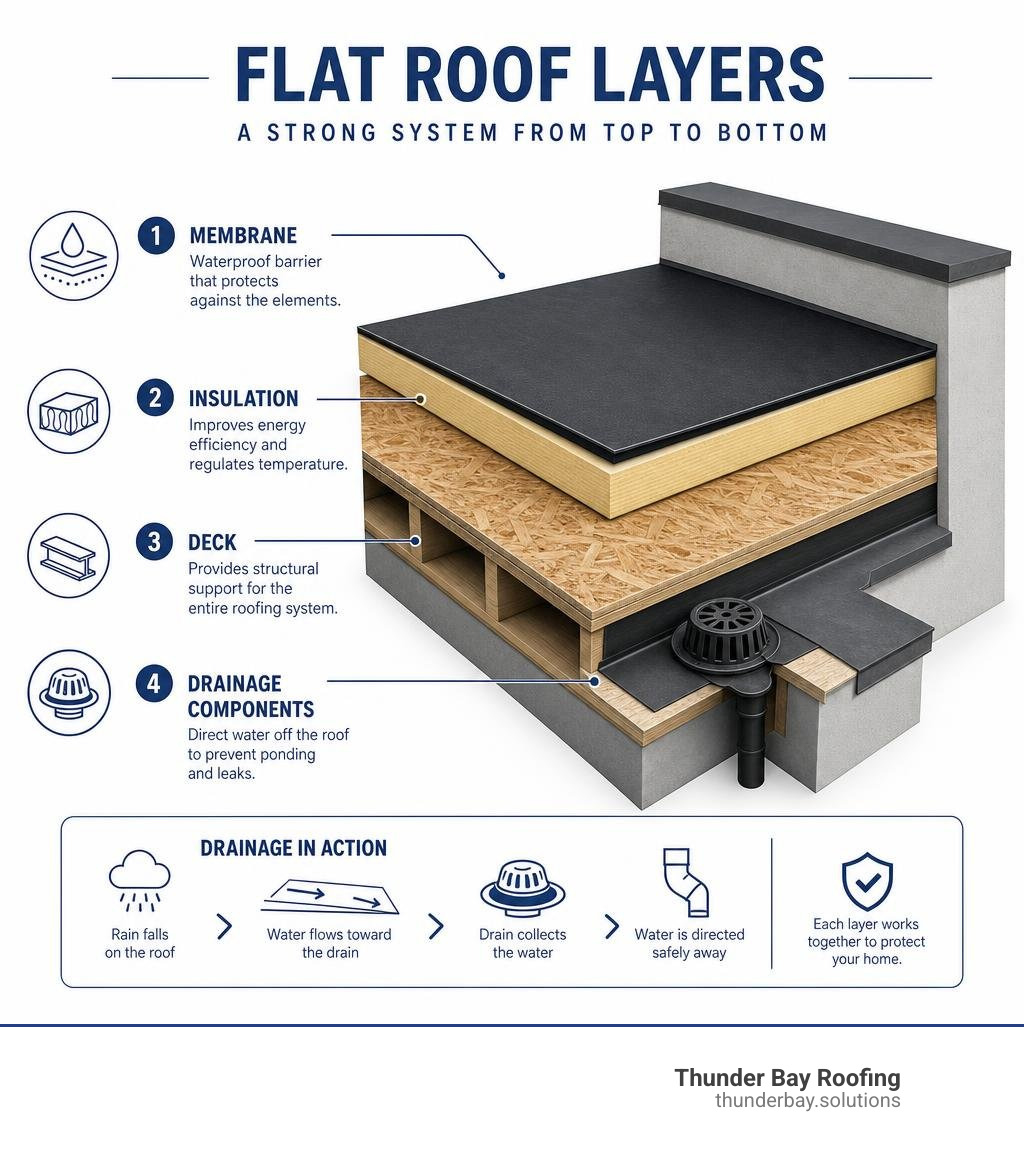 flat roof layers infographic showing membrane, insulation, deck, and drainage components infographic flat roof layers infographic showing membrane, insulation, deck, and drainage components infographic